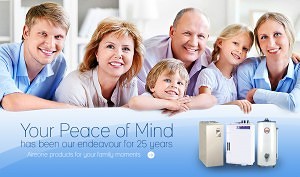 smiling Caucasian family with Aire One products