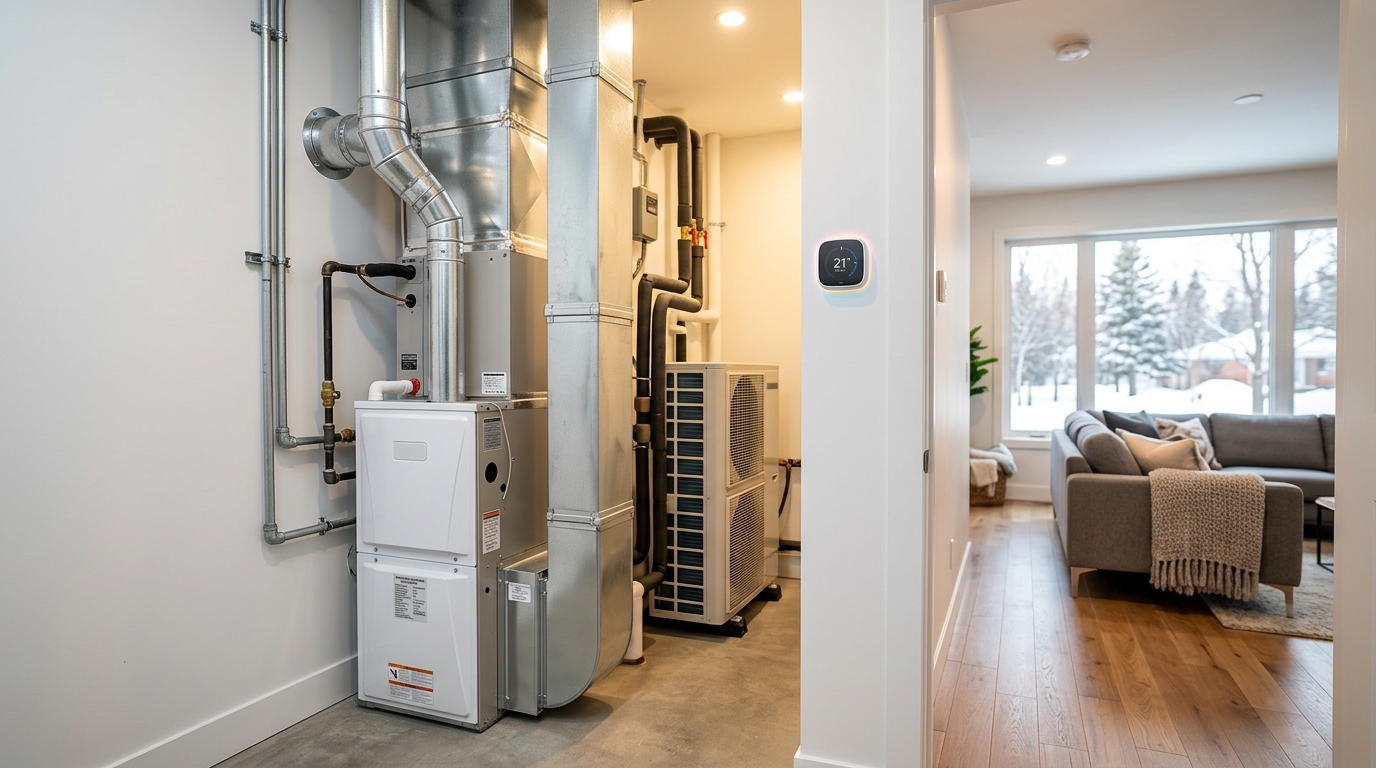 Heat pumps in the GTA installed beside a high efficiency furnace in a Toronto area home mechanical room