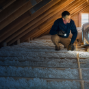 Technician inspecting attic insulation beside an insulated HVAC duct